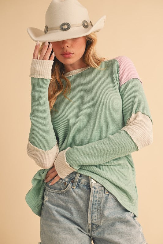 Aemi + Co Raw Seam Color Block Round Neck Knit Top