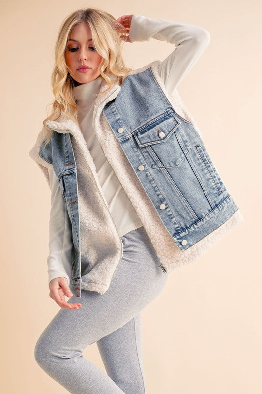 Aemi + Co Fake Two Pieces Denim Patch Sherpa Vest Coat