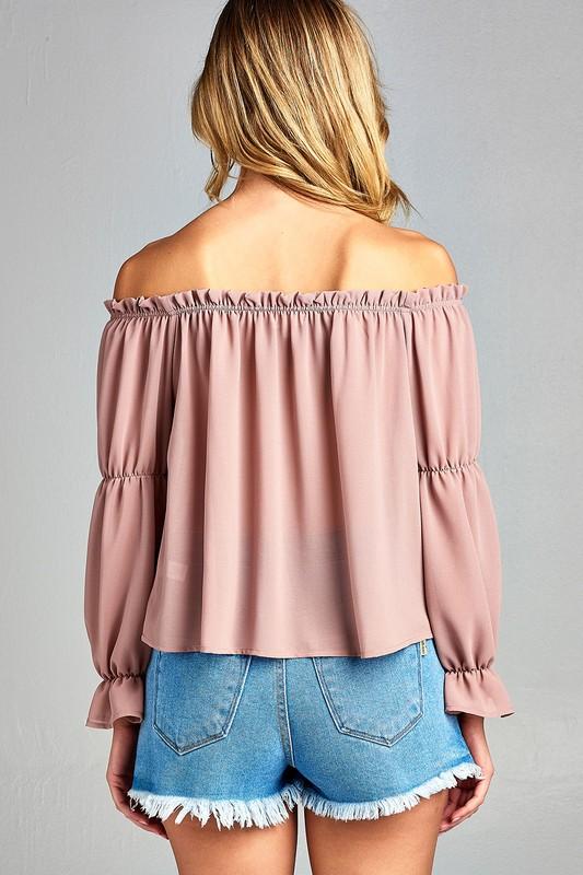 Blusa con hombros descubiertos, manga larga abullonada y volantes en la parte delantera para mujer