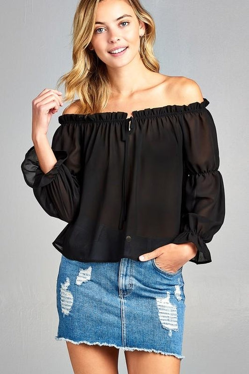 Blusa con hombros descubiertos, manga larga abullonada y volantes en la parte delantera para mujer