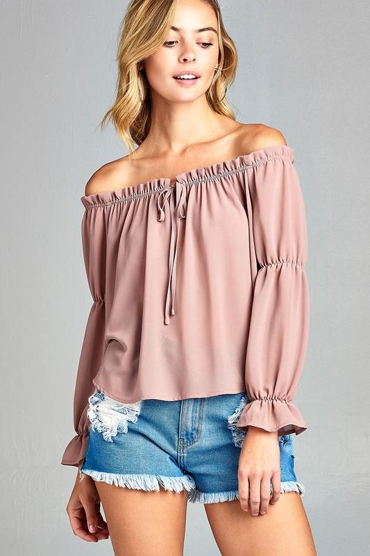 Blusa con hombros descubiertos, manga larga abullonada y volantes en la parte delantera para mujer