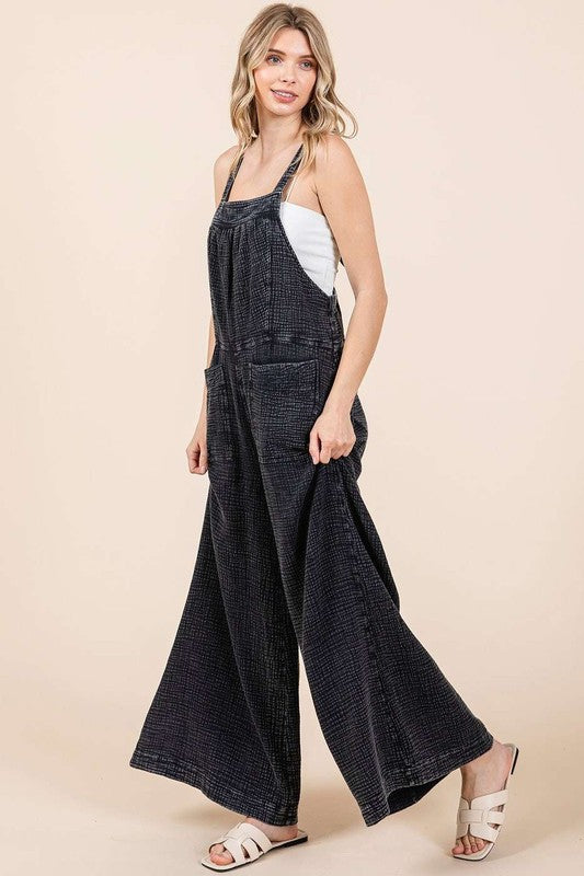 Mittoshop Textured Wide Leg Overalls Black