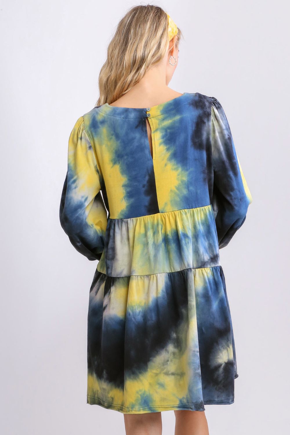 Umgee Full Size Tie Dye Round Neck Long Sleeve Babydoll Tiered Dress