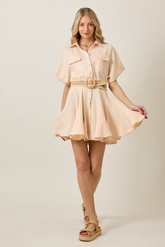 SHORT SLEEVE BUTTON DOWN BELTED FLARE DRESS