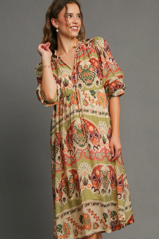 Umgee Full Size Tiered Border Print Midi Dress Plus Size