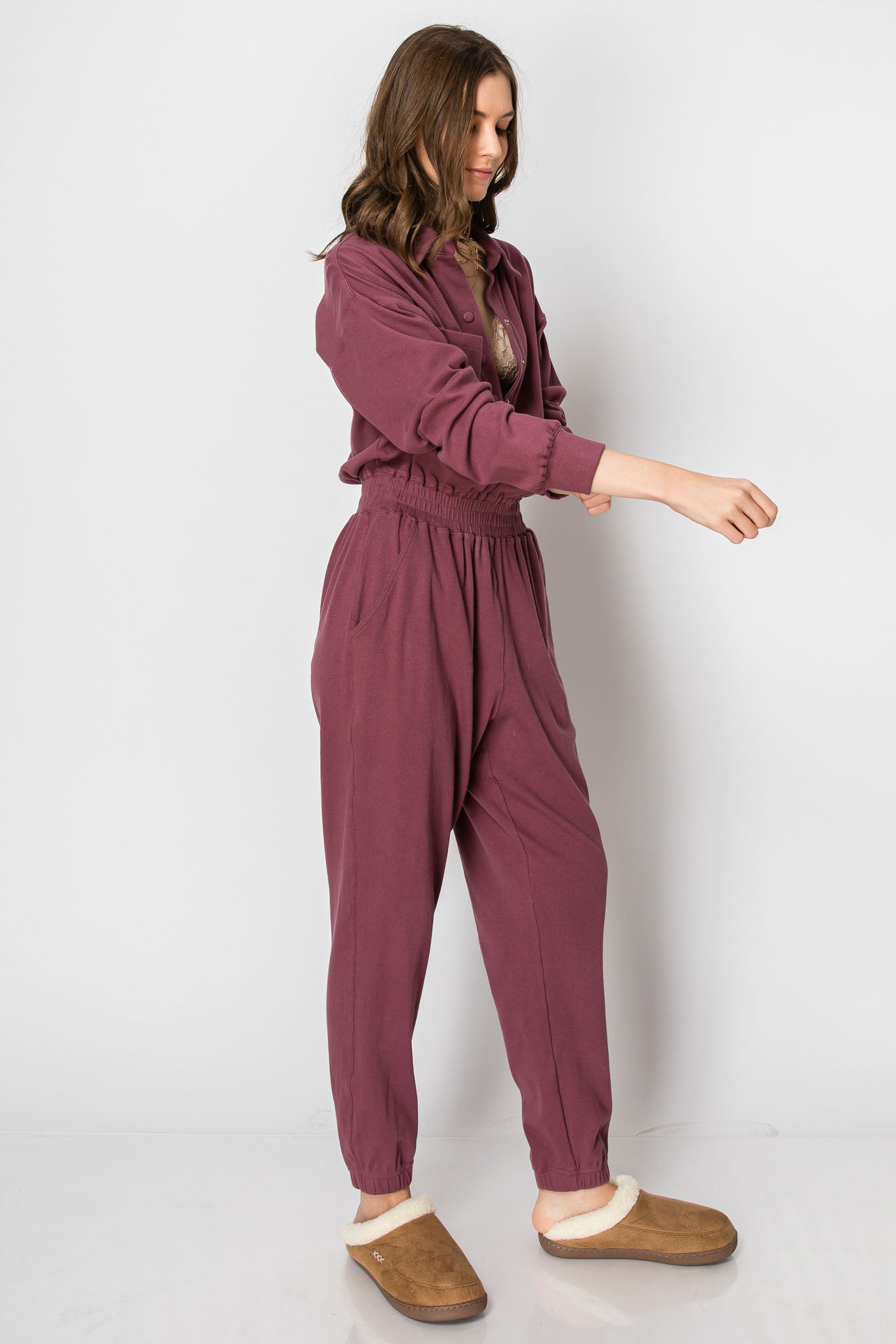 LONG SLEEVE COTTON RIBBED SNAP BUTTON COLLARED JUMPSUIT