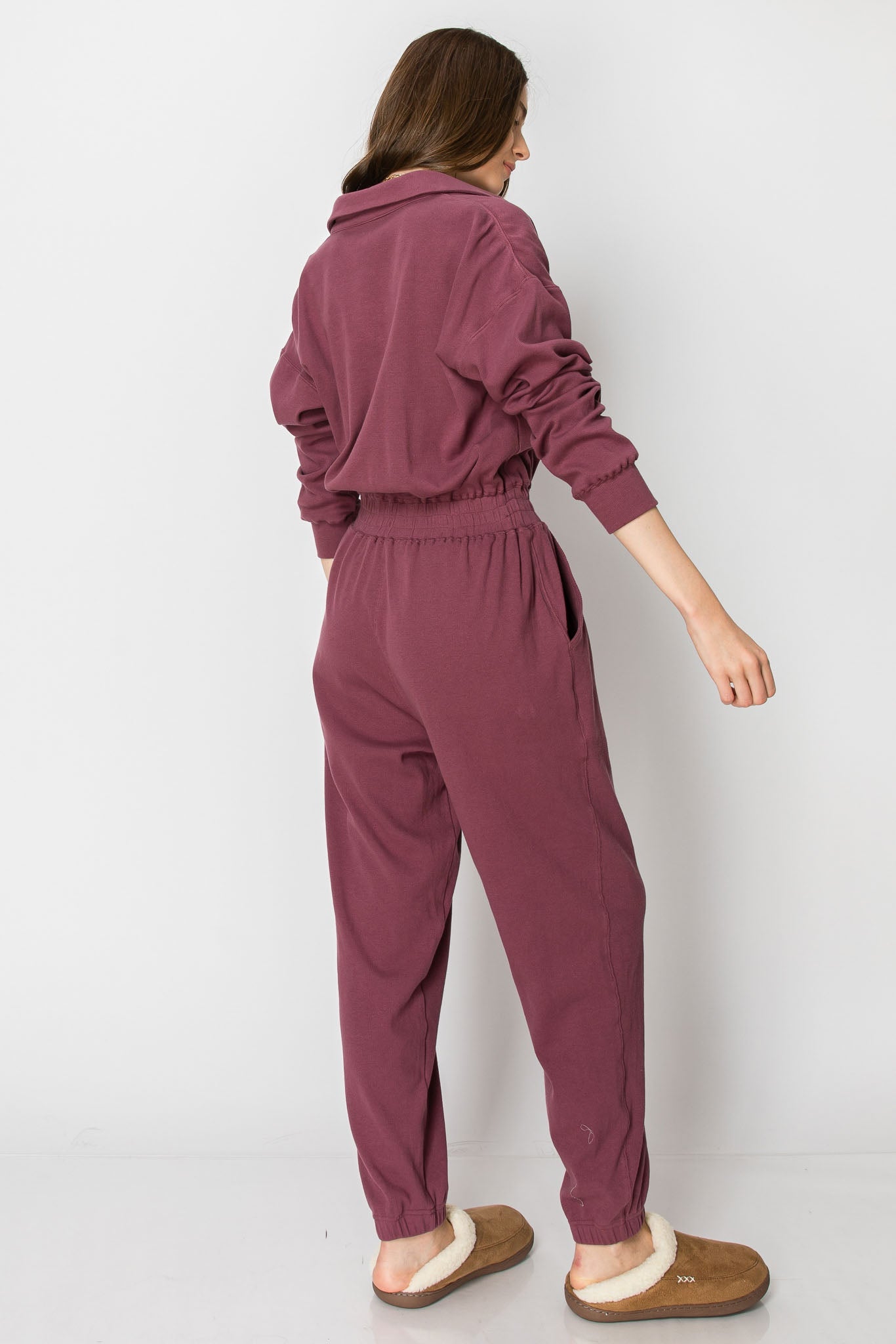 LONG SLEEVE COTTON RIBBED SNAP BUTTON COLLARED JUMPSUIT