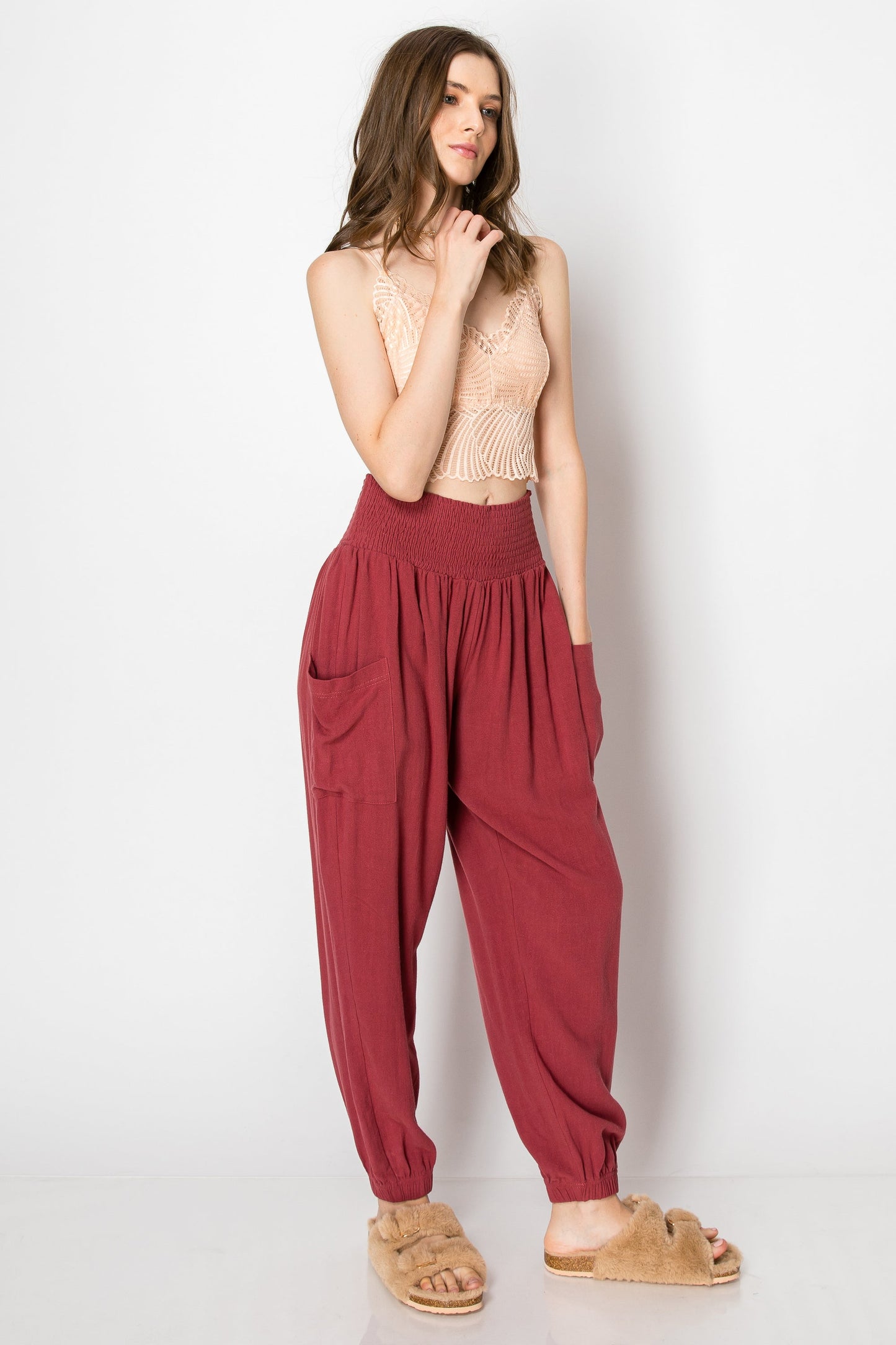 SMOCKING WAIST SLOUCHY LINEN PANTS