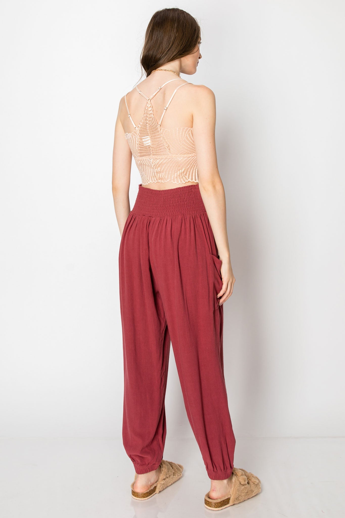 SMOCKING WAIST SLOUCHY LINEN PANTS