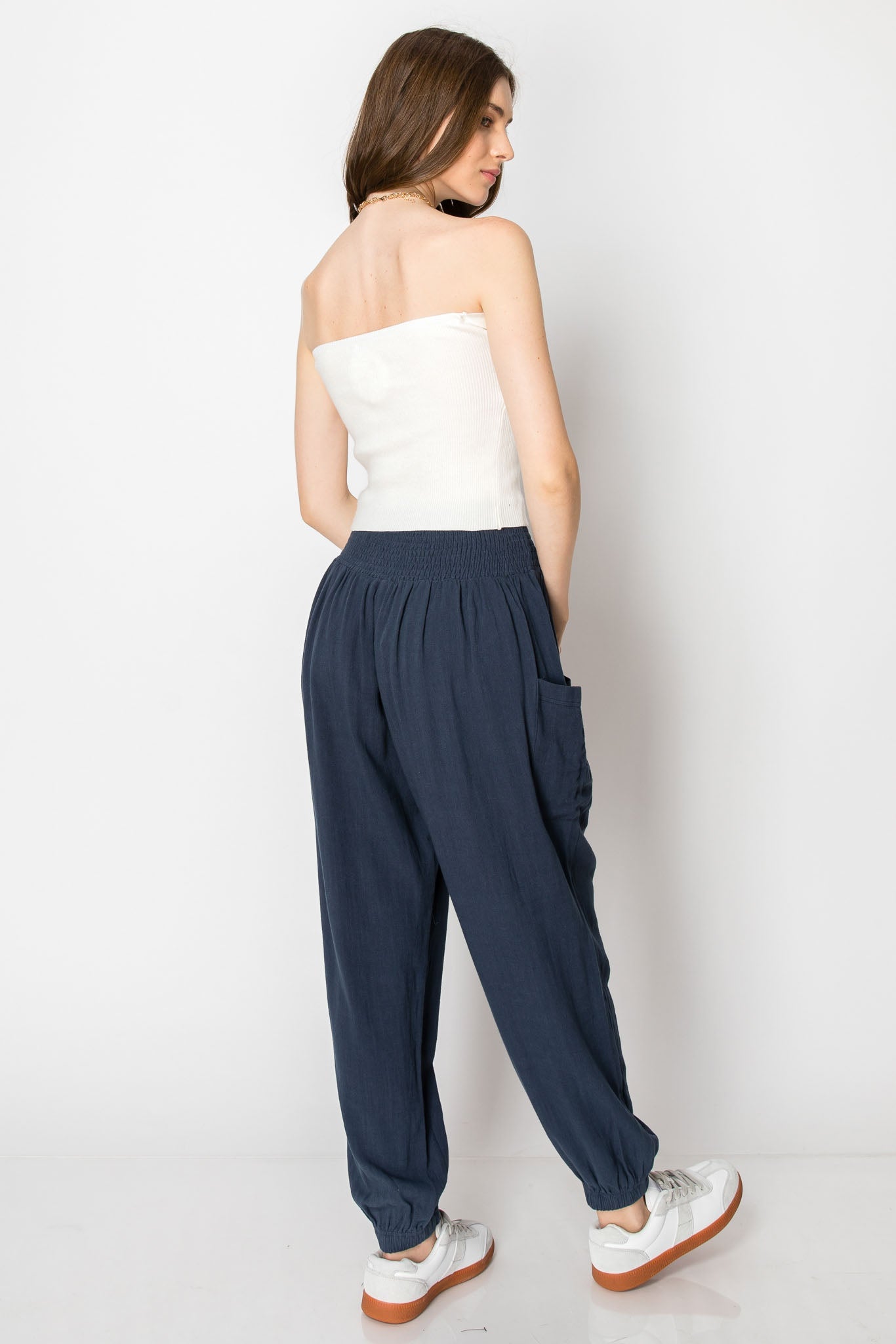 SMOCKING WAIST SLOUCHY LINEN PANTS