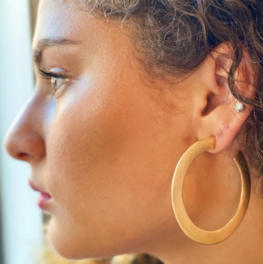 Alma Thick Flattened Metal Hoop Earrings, Gold