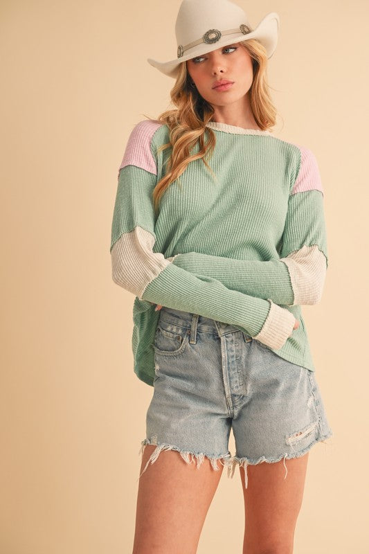 Aemi + Co Raw Seam Color Block Round Neck Knit Top