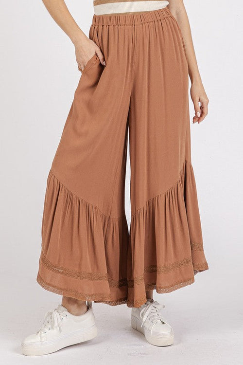 Mittoshop Lace Ruffle Asymmetric Hem Wide Leg Pants