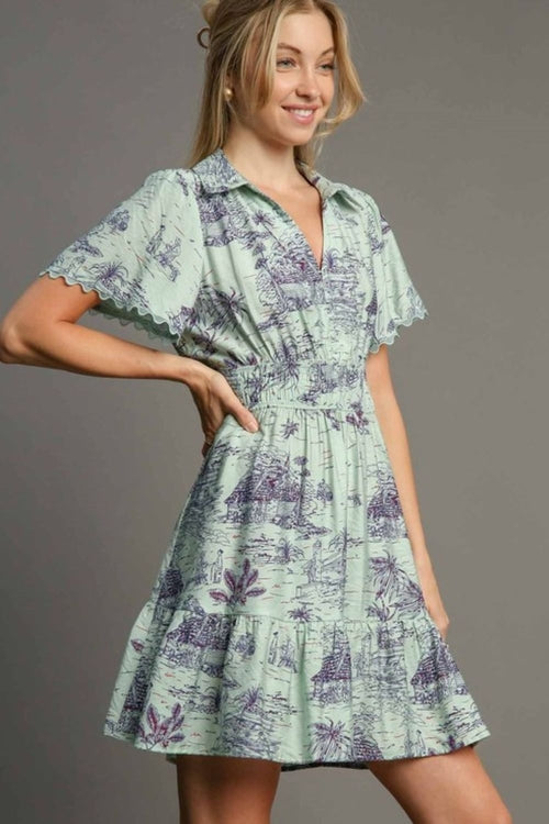 Vestido mini con cuello y estampado de paisaje de tamaño completo de Umgee en talla grande