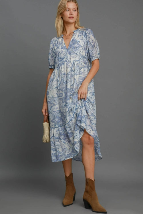 Umgee Full Size Printed Puff Short Sleeve Midi Dress Plus Size