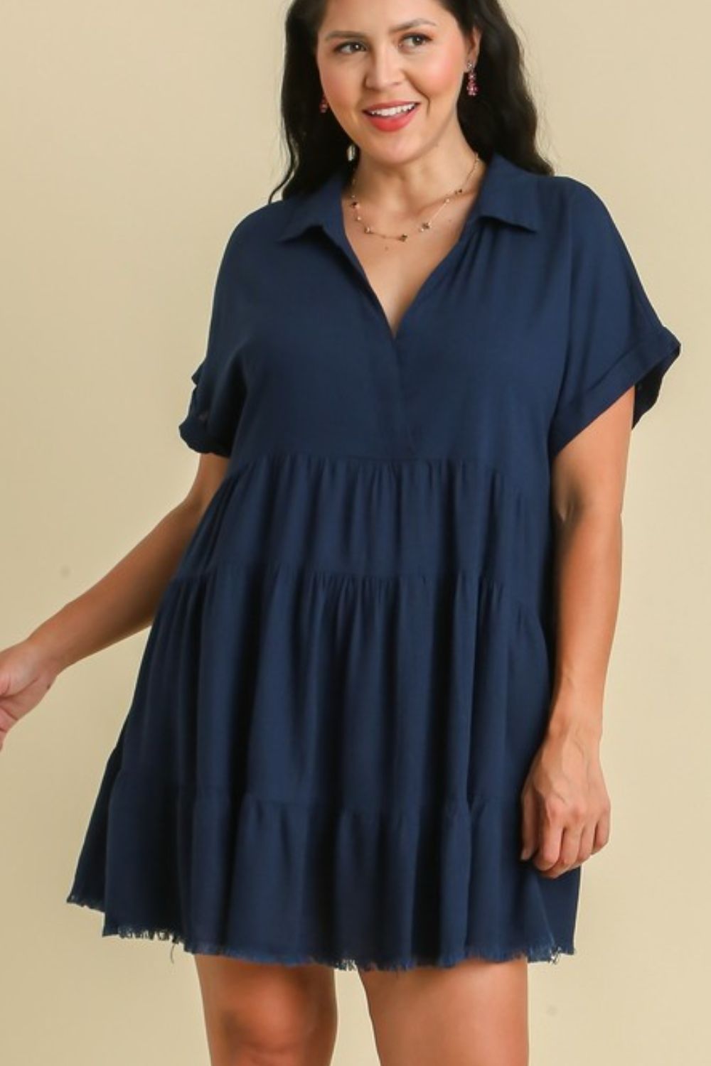 Umgee Full Size Raw Hem Folded Sleeve Tiered Dress Plus Size