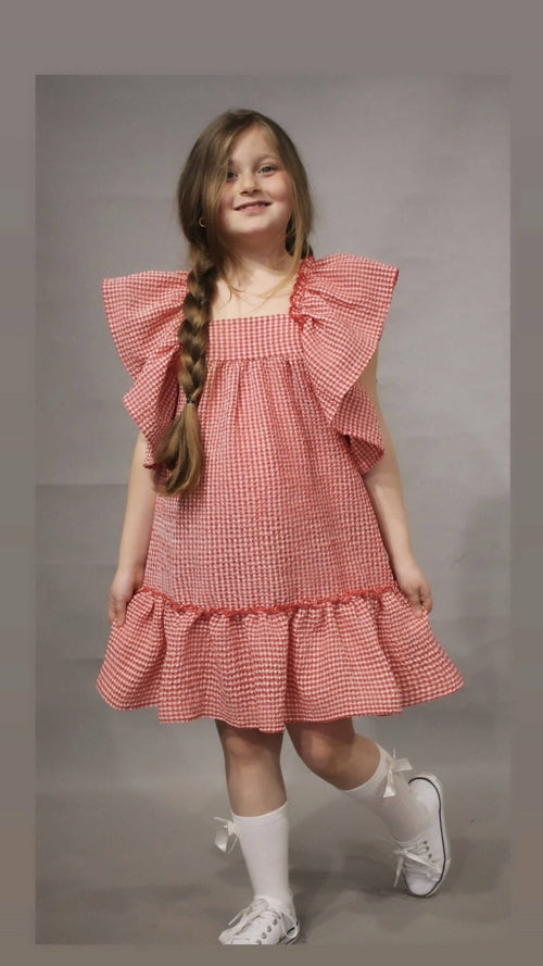 Vestido de niña con mangas onduladas, vestido estilo seersucker de verano 