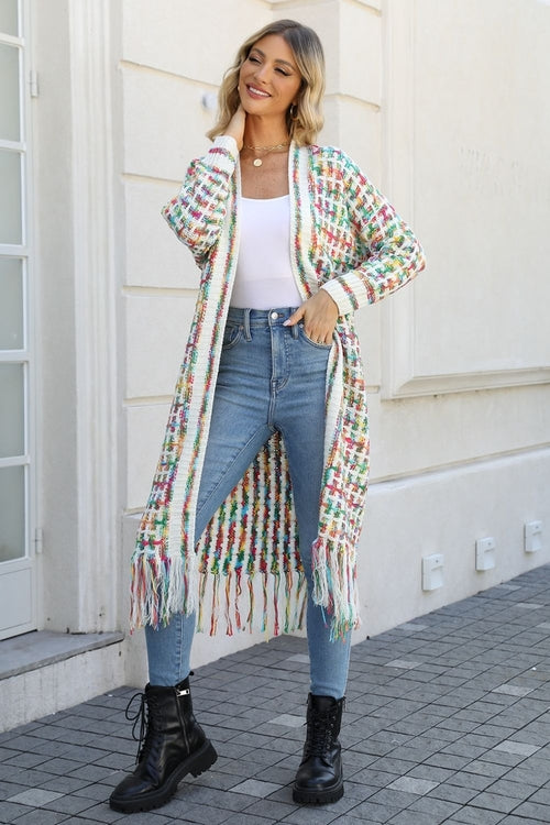 Angel Wings Full Size Multicolored Open Front Fringe Hem Cardigan