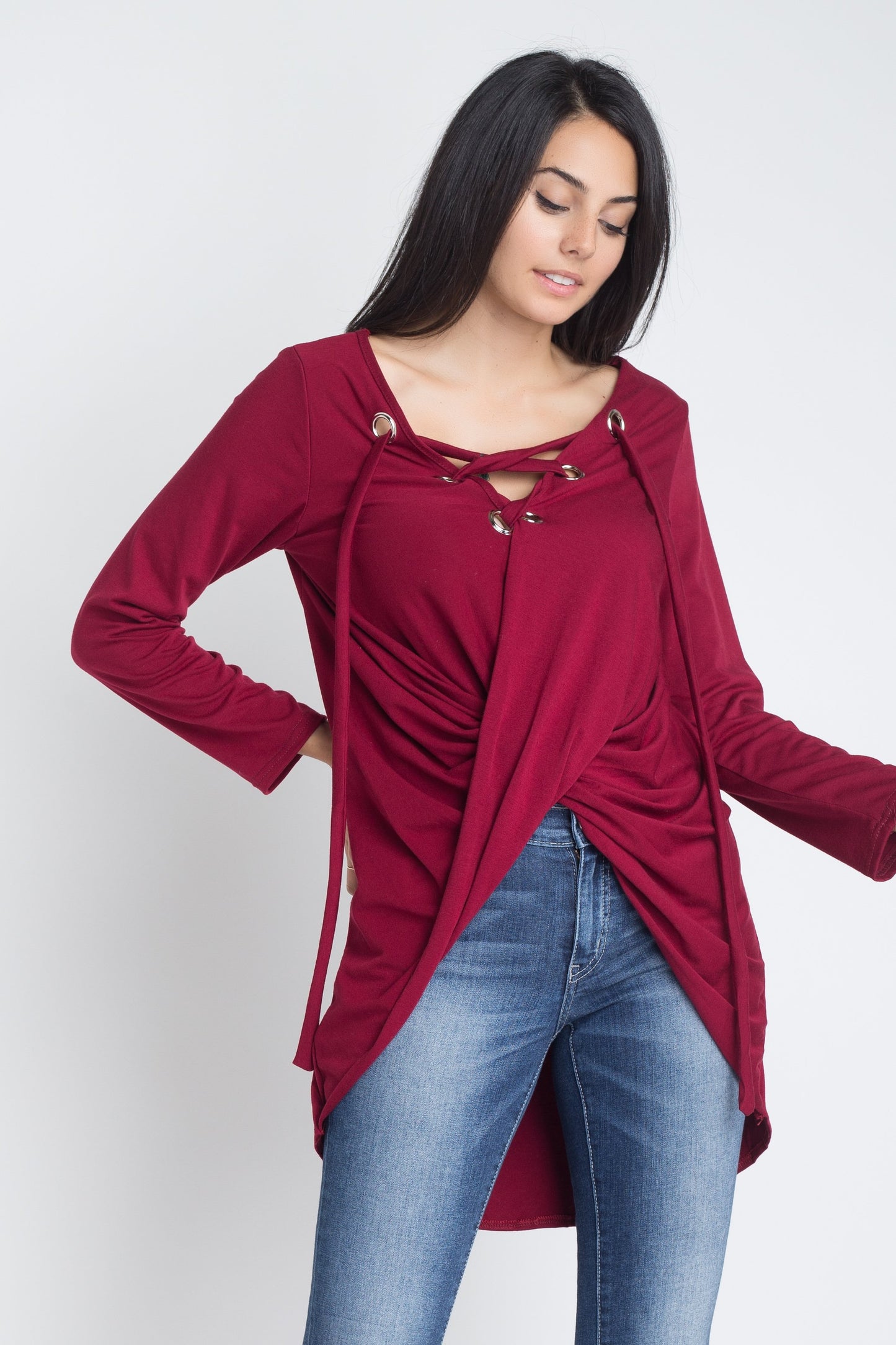 Blusa cruzada de manga larga con cordones para mujer