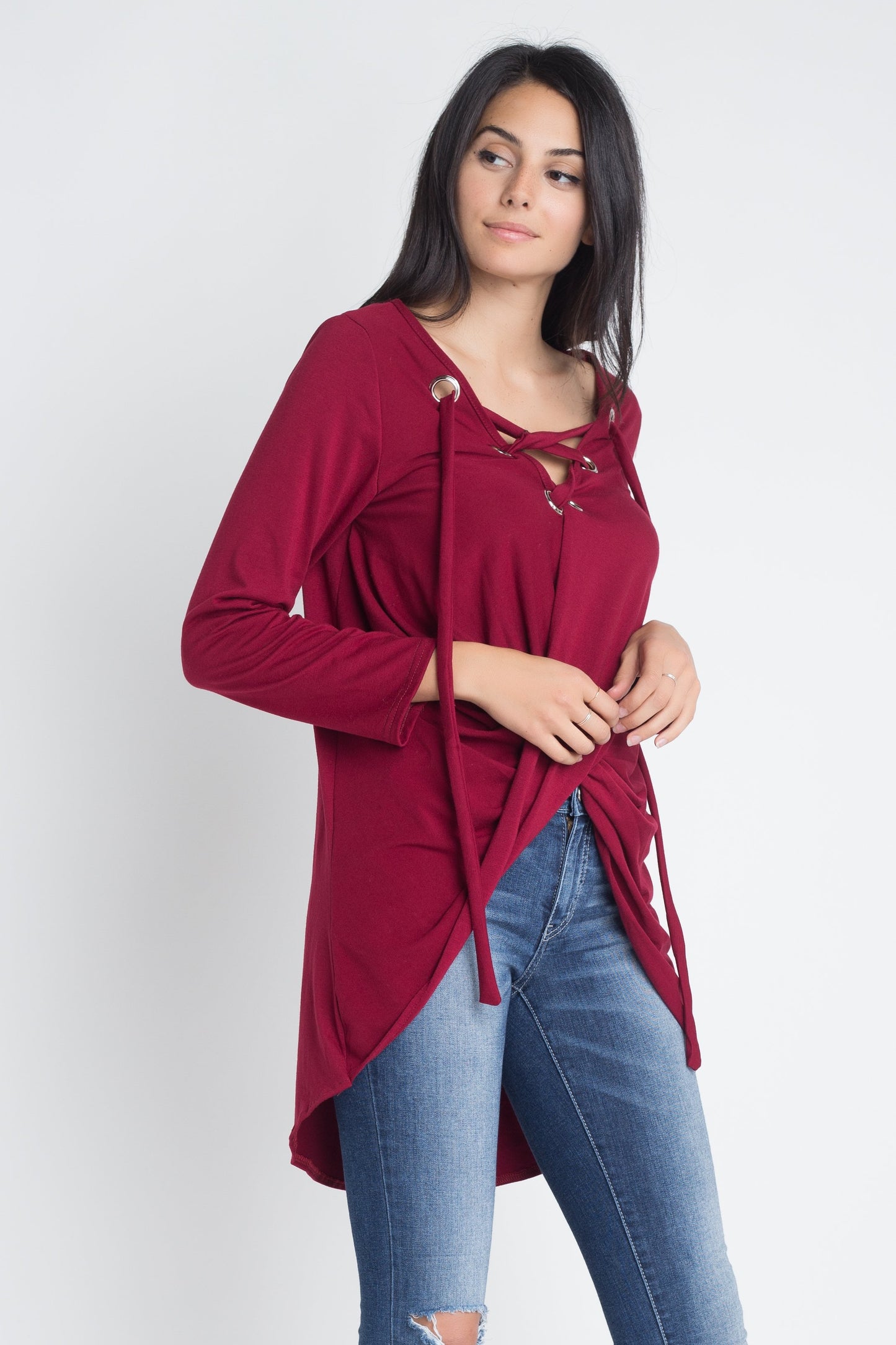 Blusa cruzada de manga larga con cordones para mujer