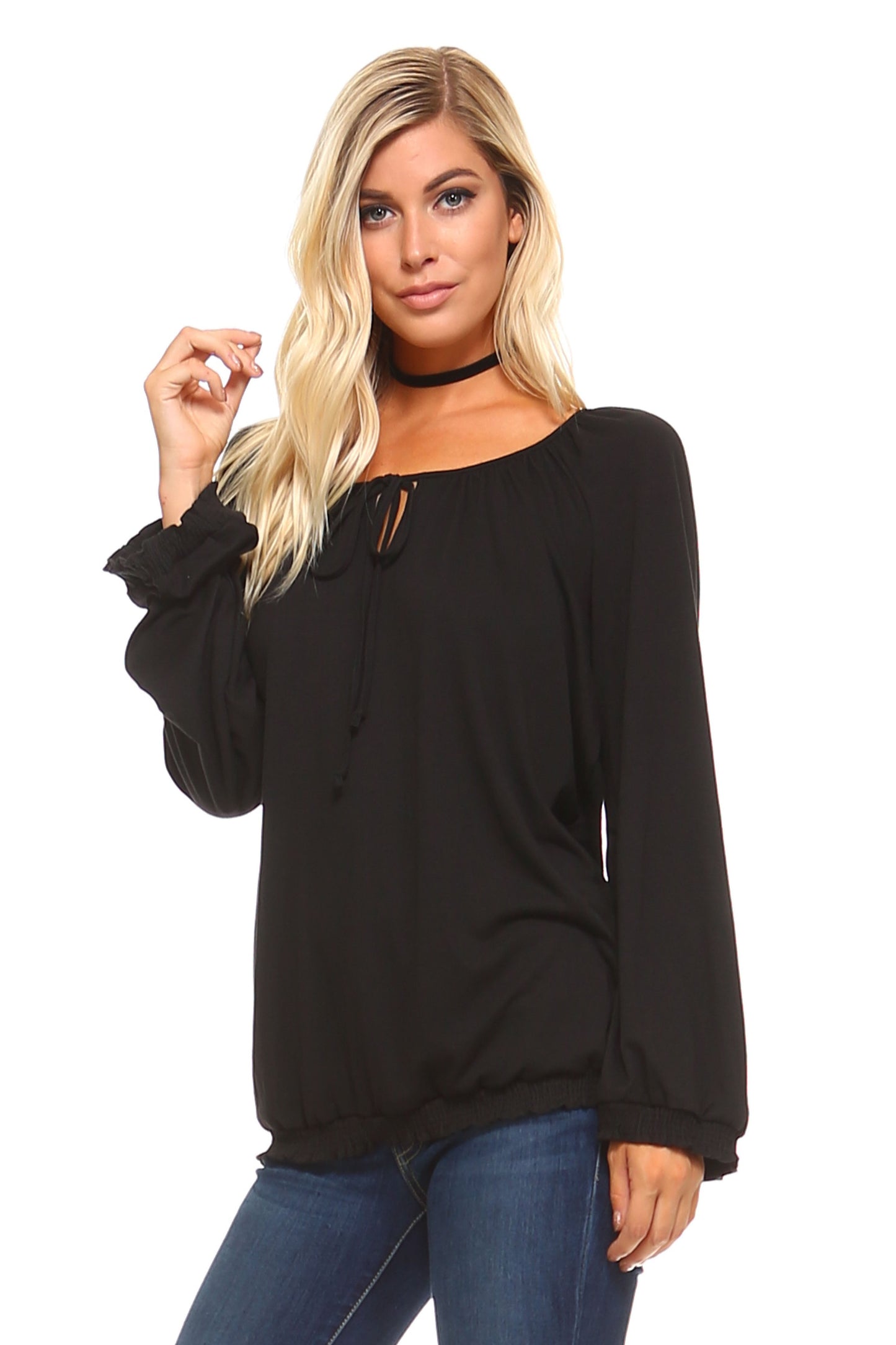 Blusa campesina lisa de manga larga para mujer