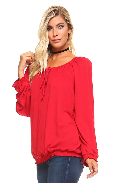 Blusa campesina lisa de manga larga para mujer