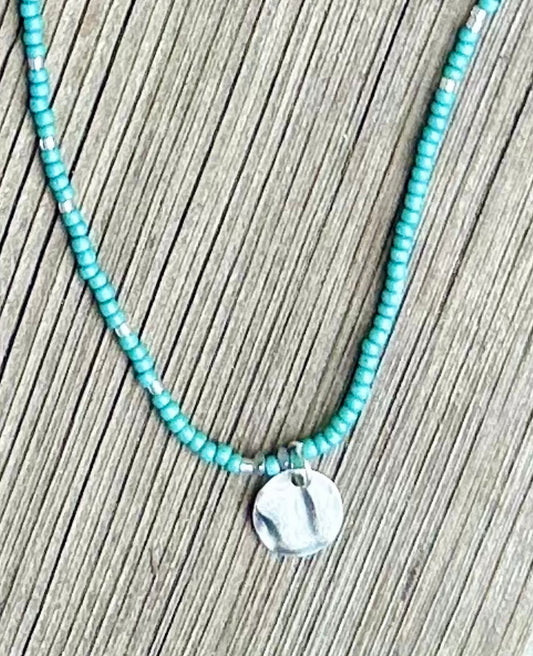 Sage Green Boho Seed Bead Necklace with Silver Circle Pendant