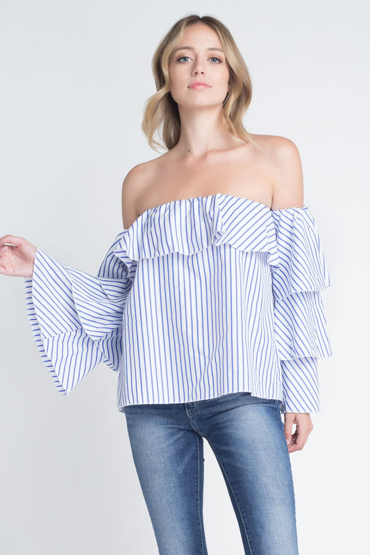 Blusa de manga larga con volantes y rayas con hombros descubiertos para mujer