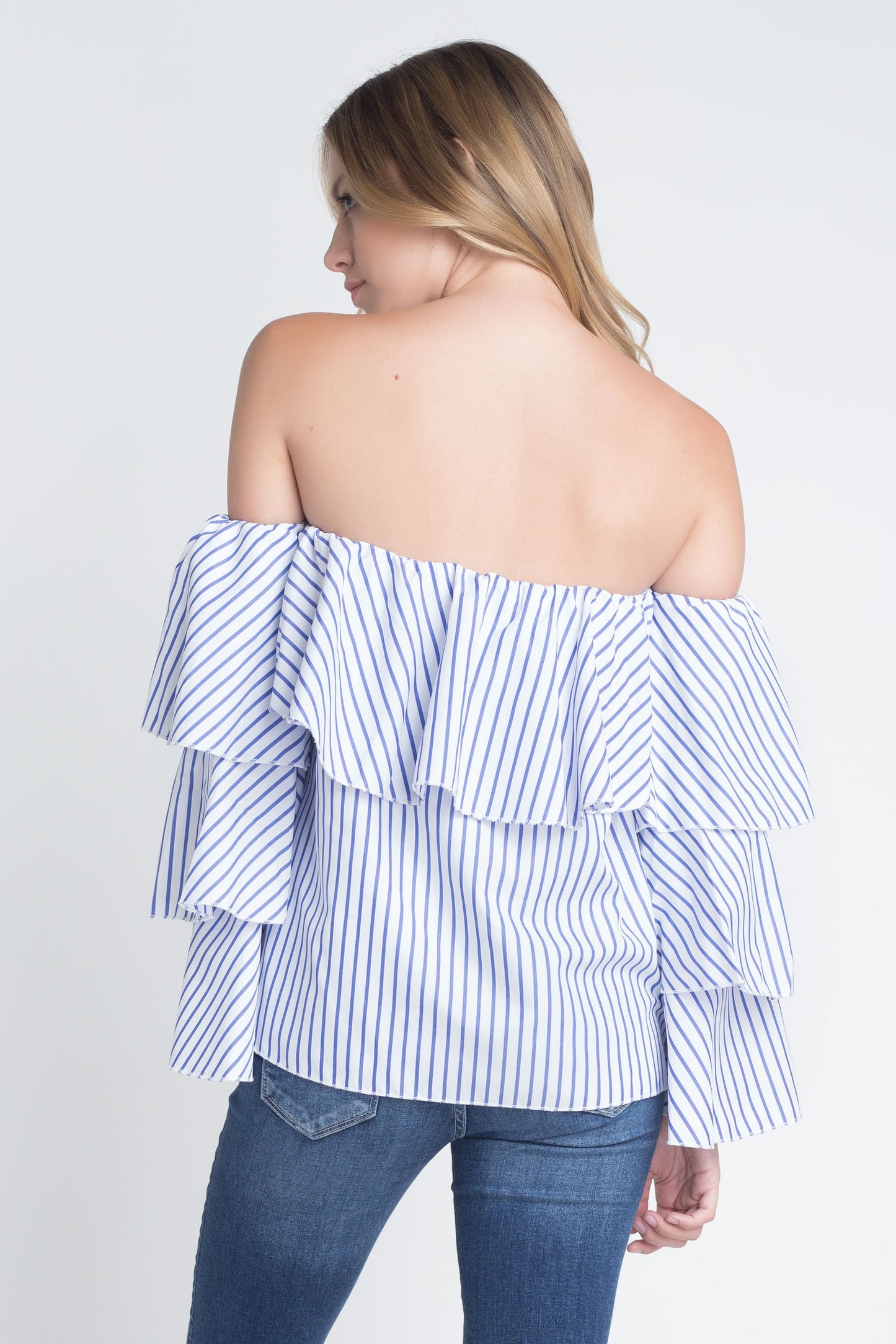 Blusa de manga larga con volantes y rayas con hombros descubiertos para mujer