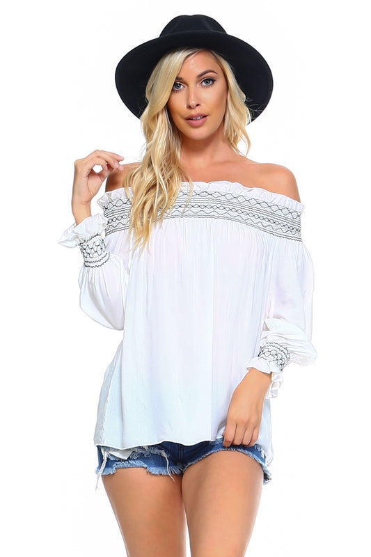 Blusa elástica fruncida con rayas y hombros descubiertos para mujer