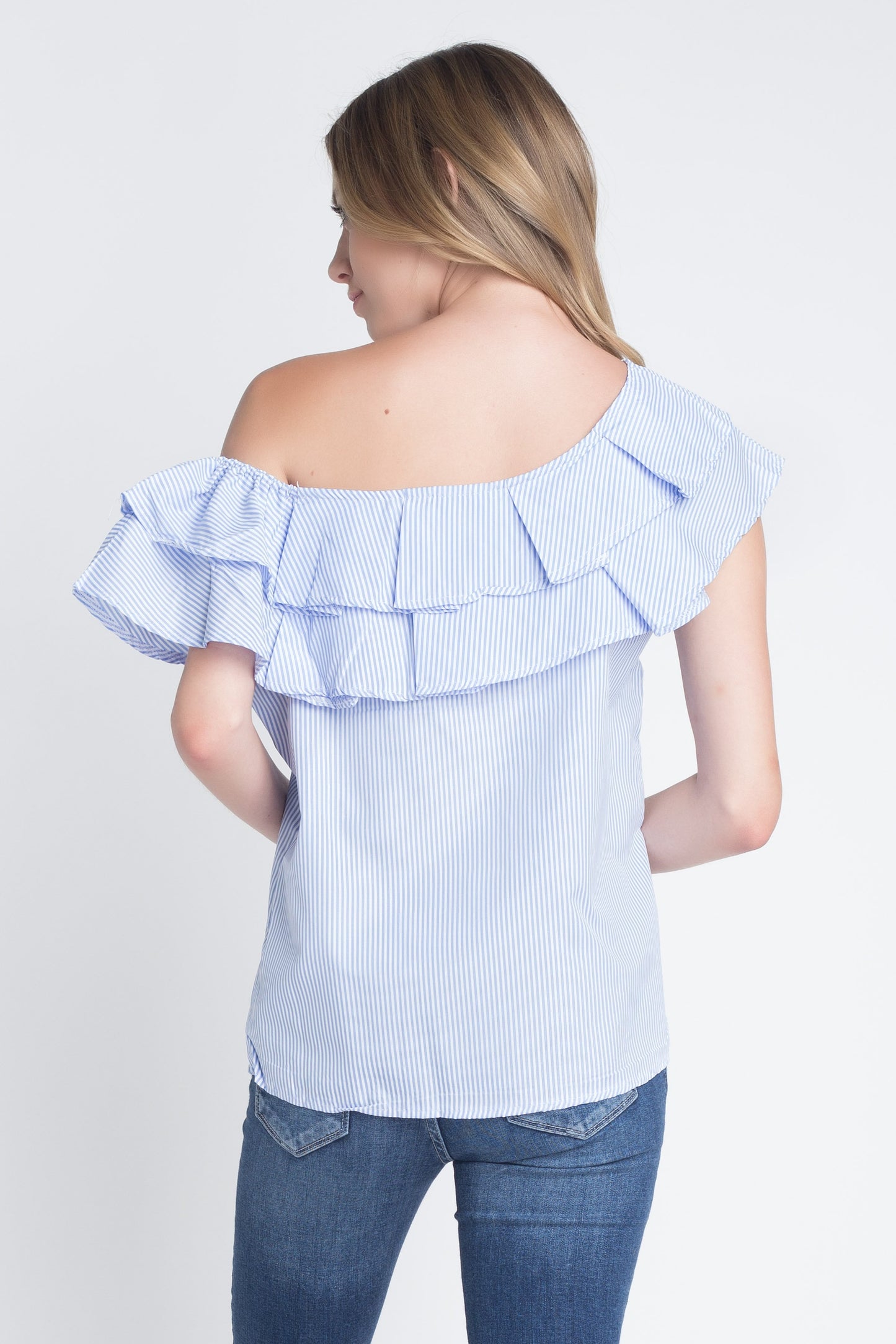 Blusa de rayas con volantes y hombros descubiertos para mujer