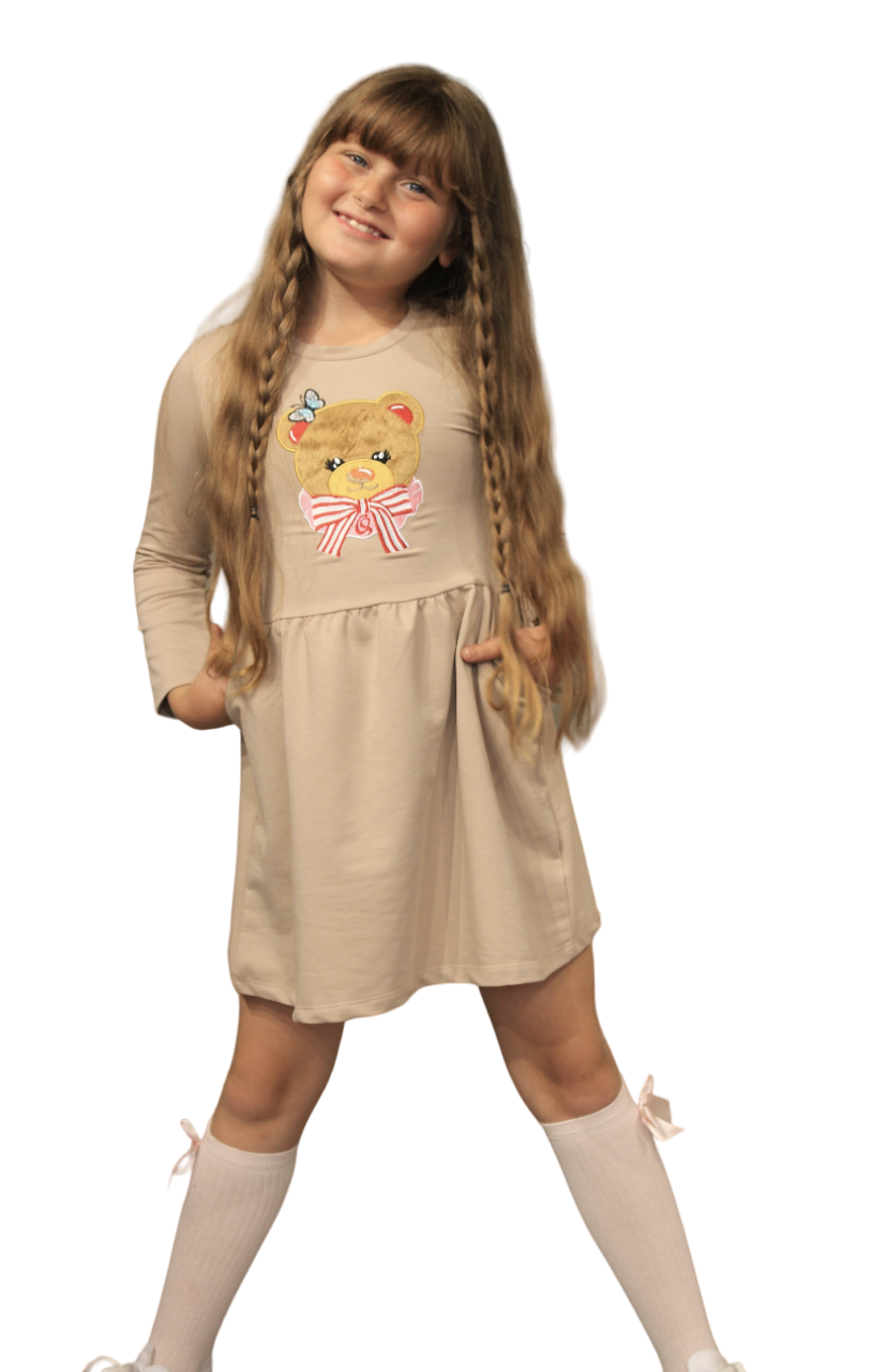 Long Sleeve Girl's Dress with Soft Fur Bear Applique