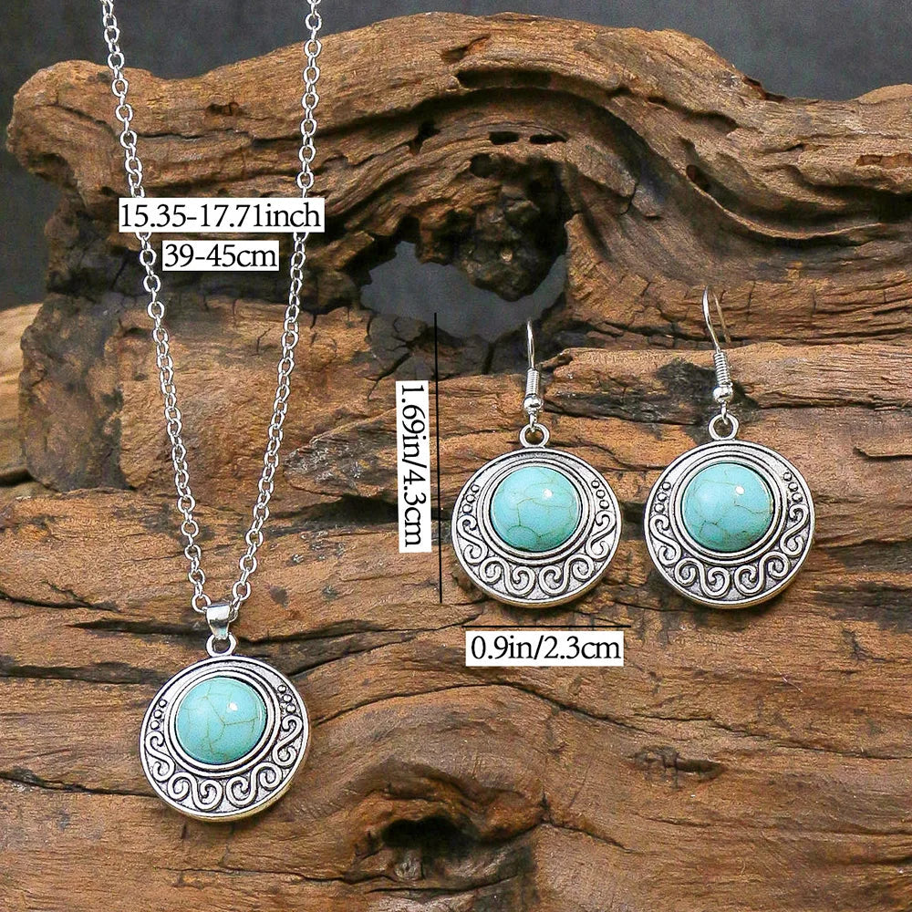 Retro Antique Turquoise Pendant Necklace & Earrings Set