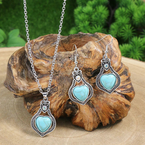 Ethnic Turquoise Necklace & Earrings Set Silver