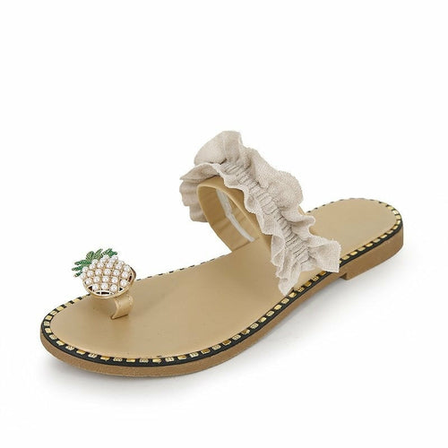 Pantuflas de playa planas con diseño de piña y perlas para mujer