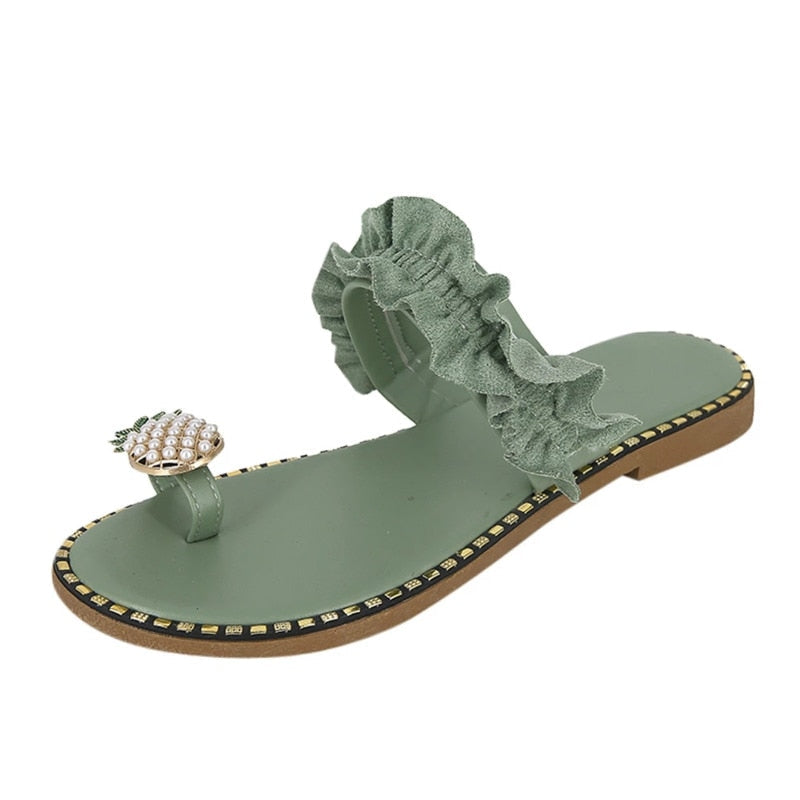 Pineapple Pearl Beach Slides Flat Toe Casual Womens Slippers