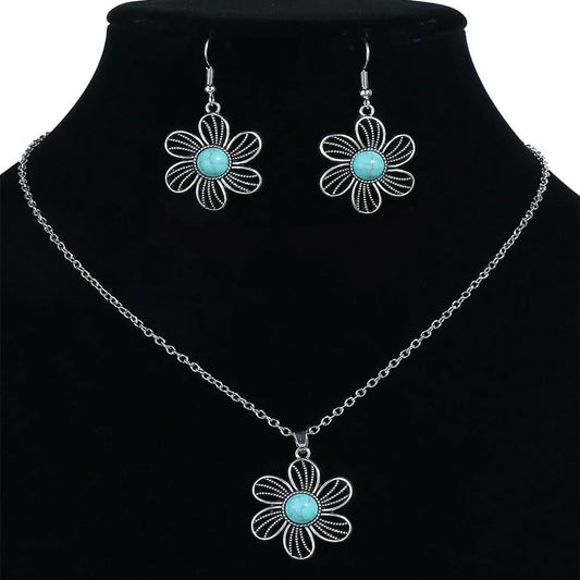 Conjunto de joyas elegantes de 3 piezas con diseño floral de piedra azul