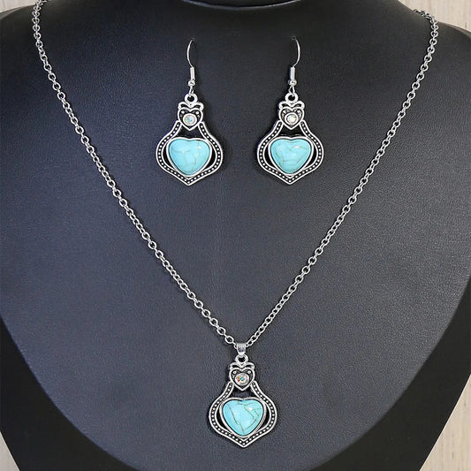 Ethnic Turquoise Necklace & Earrings Set Silver