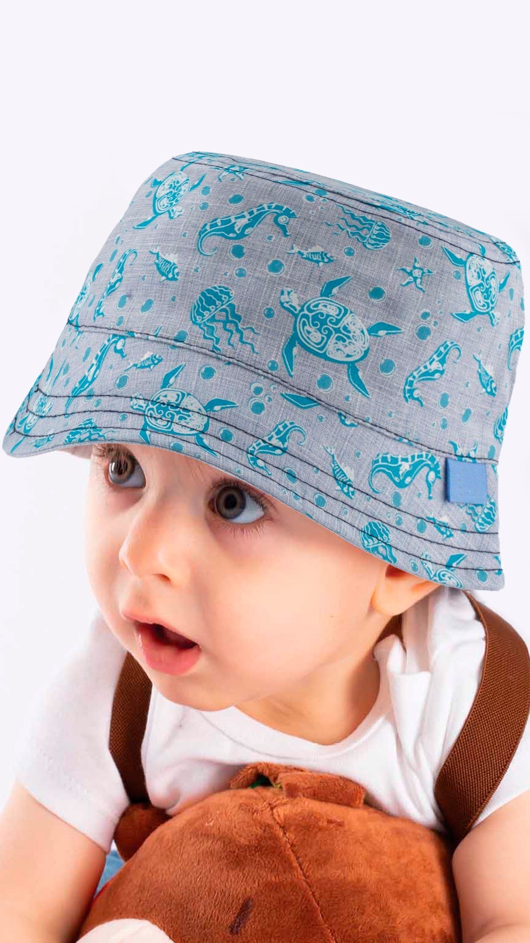 Gorro de pescador para bebé con estampado de vida marina, animales marinos y temática náutica