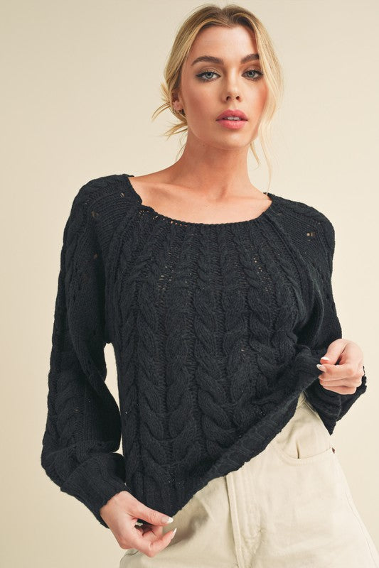 Aemi + Co Cable-Knit Openwork Round Neck Sweater