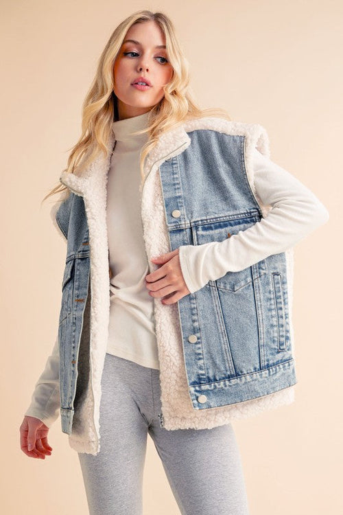 Aemi + Co Fake Two Pieces Denim Patch Sherpa Vest Coat