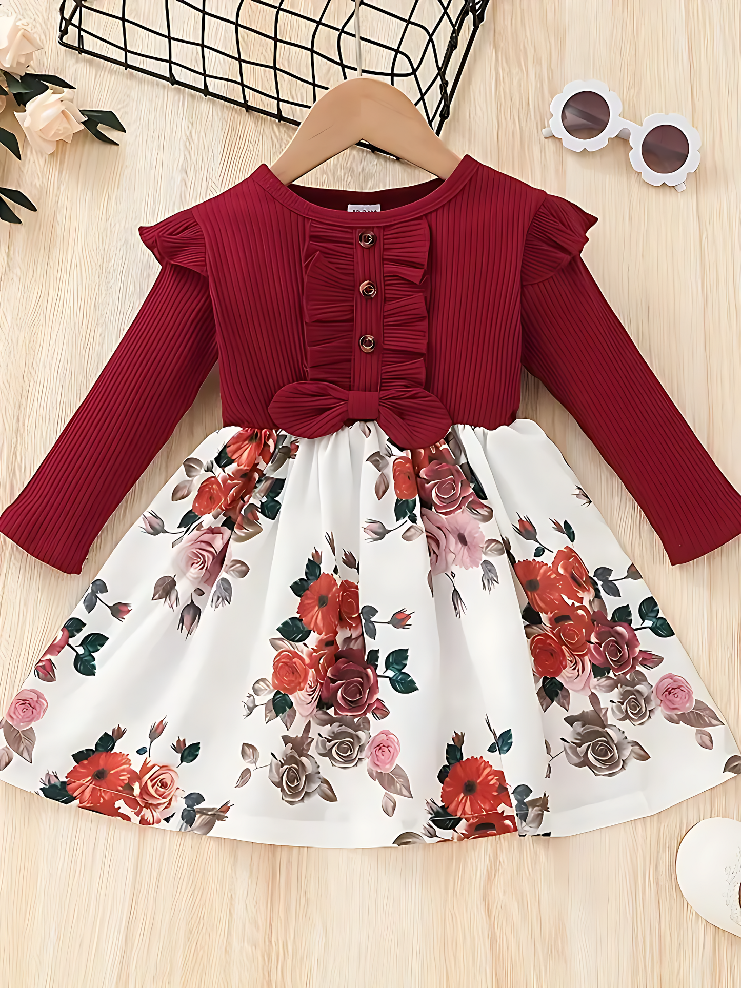 Girl's Lycra Floral Printed Frock Dress Maroon 6-12 Month