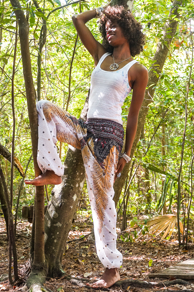 PAVO REAL BLANCO Pantalones boho para mujer Pantalones hippies Yoga