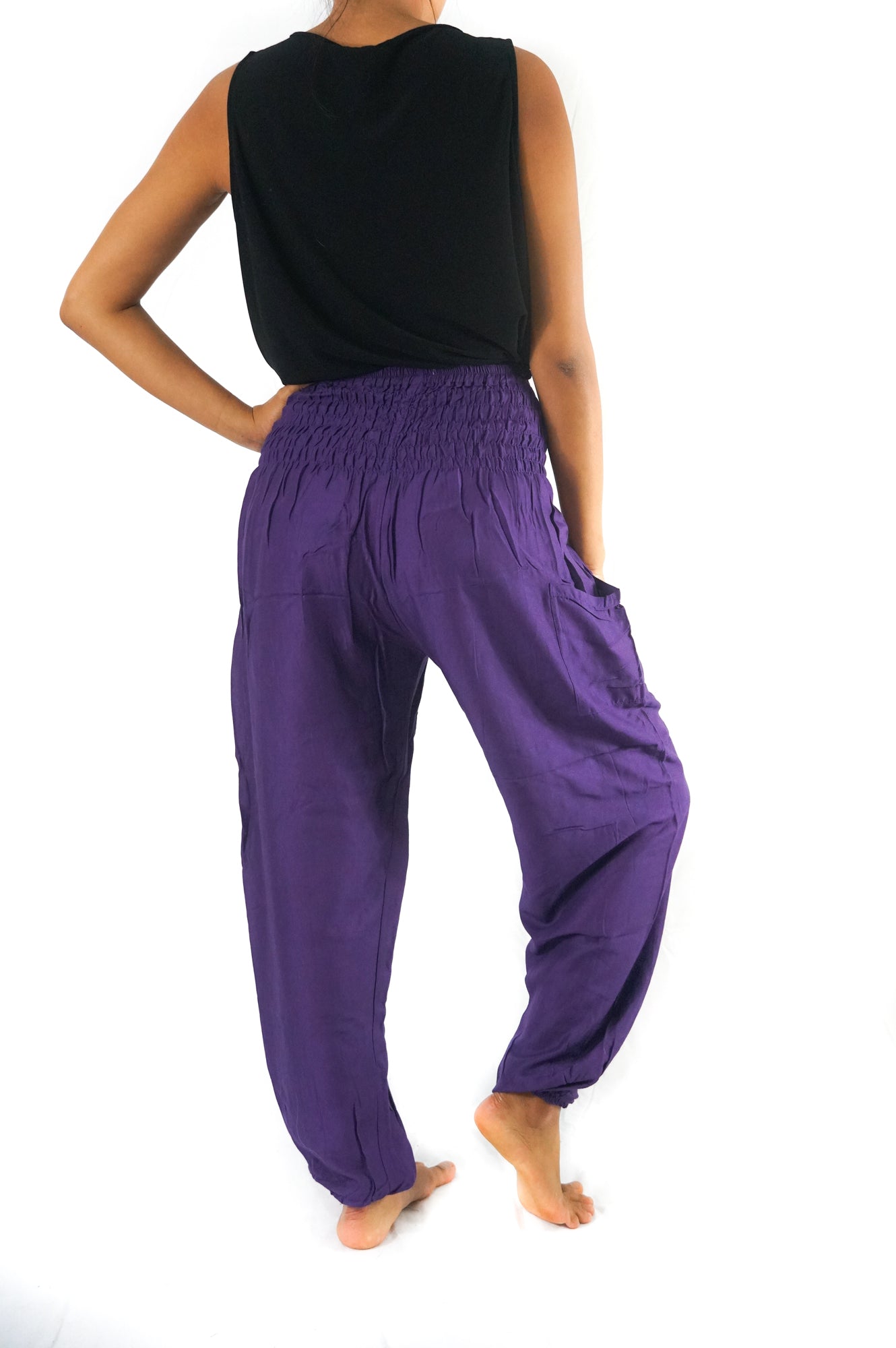 Pantalones bohemios morados para mujer, pantalones hippies, pantalones de yoga, pantalones harén