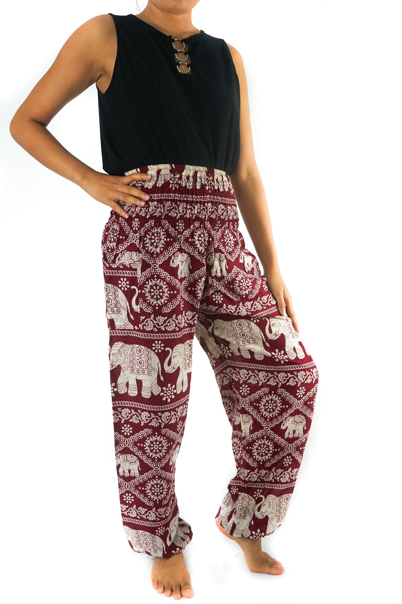 Pantalones de elefante burdeos para mujer, pantalones boho, pantalones hippies, pantalones de yoga