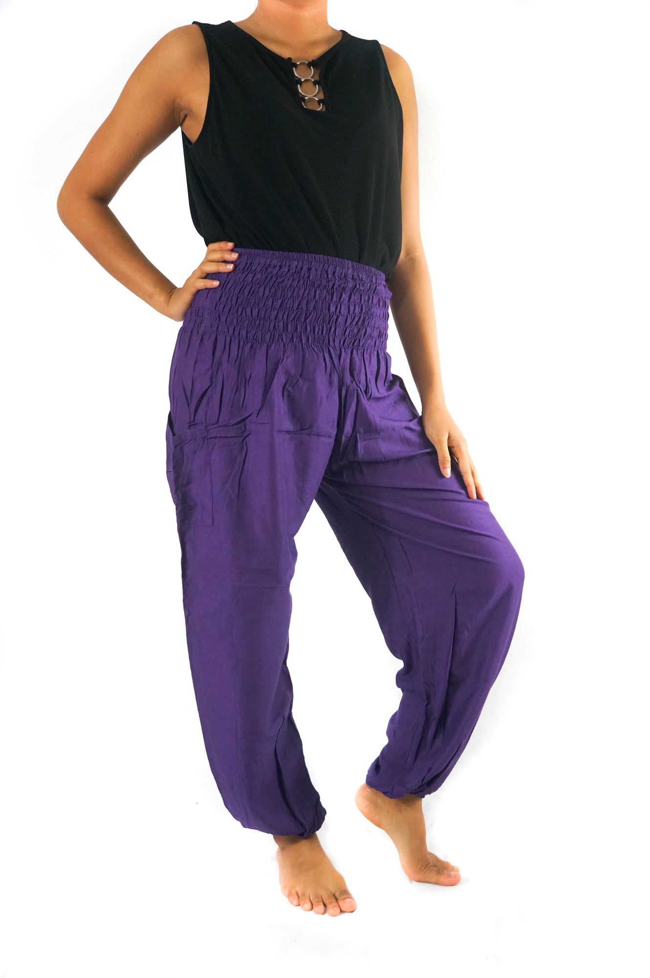 Pantalones bohemios morados para mujer, pantalones hippies, pantalones de yoga, pantalones harén