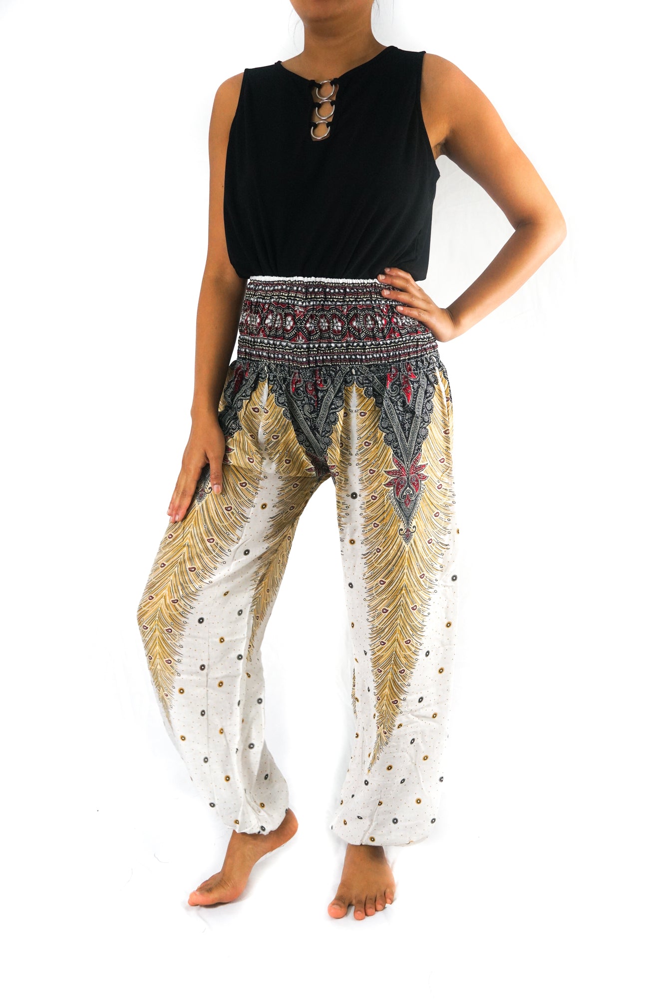 PAVO REAL BLANCO Pantalones boho para mujer Pantalones hippies Yoga