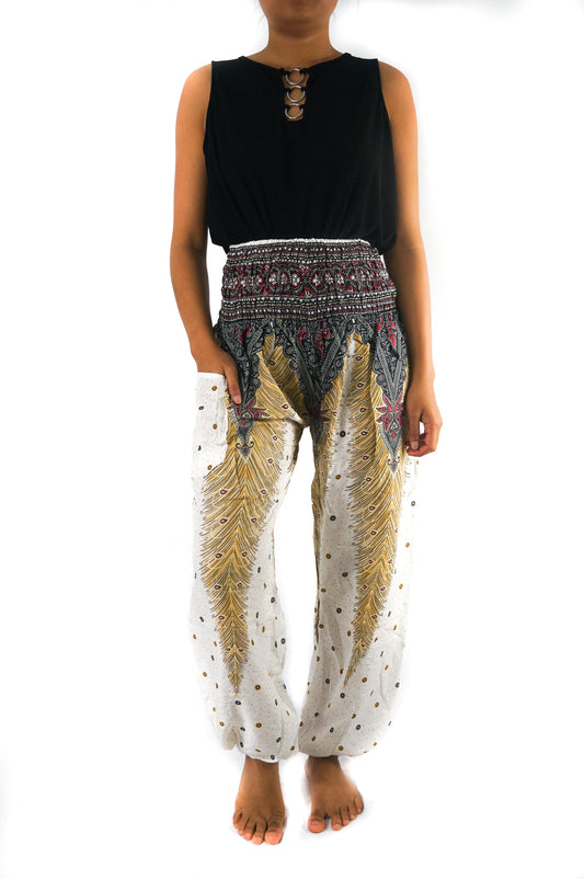 PAVO REAL BLANCO Pantalones boho para mujer Pantalones hippies Yoga