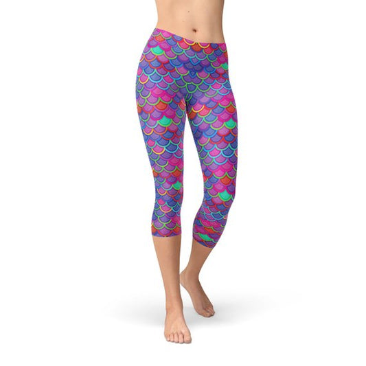 Leggings capri de sirena morados y rosas para mujer