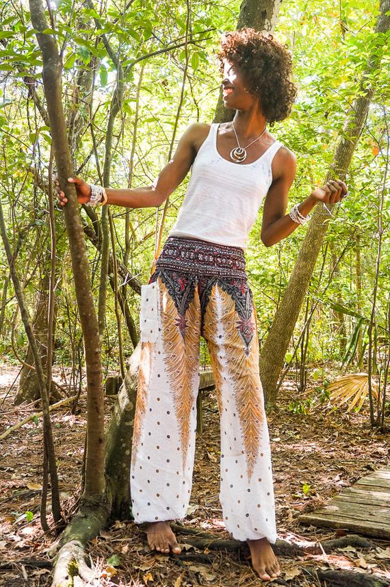 PAVO REAL BLANCO Pantalones boho para mujer Pantalones hippies Yoga